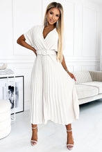 Afbeelding in Gallery-weergave laden, Geplooide midi-jurk met brede tailleband en korte mouwen