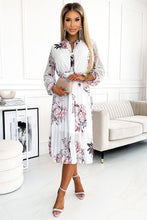 Afbeelding in Gallery-weergave laden, Chiffon geplooide midi-jurk met knopen en lange mouwen