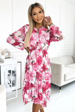 Afbeelding in Gallery-weergave laden, Chiffon geplooide midi-jurk met knopen en lange mouwen