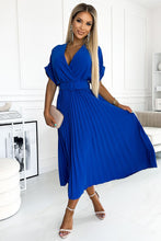 Afbeelding in Gallery-weergave laden, Geplooide midi-jurk met brede tailleband en korte mouwen