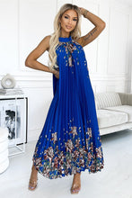 Afbeelding in Gallery-weergave laden, Satijnen geplooide maxi-jurk met symmetrisch bloemenpatroon - Wit en Blauw
